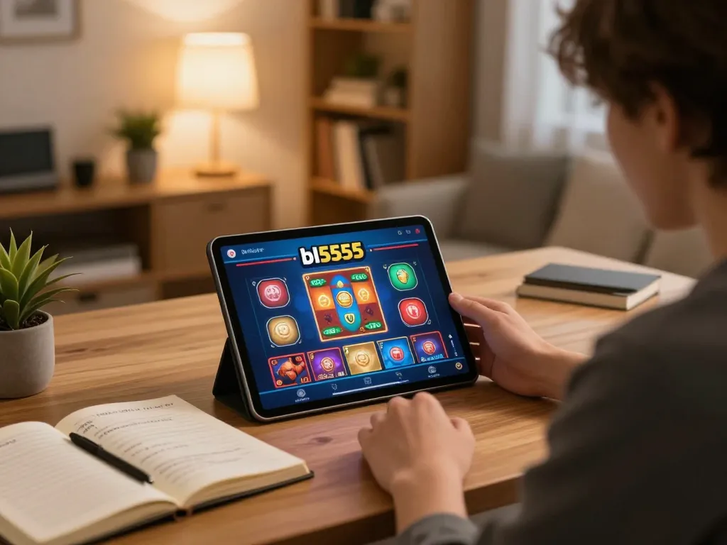 Person engaged with the bl5555 casino app on a tablet in a cozy home setting, showcasing online gambling.
