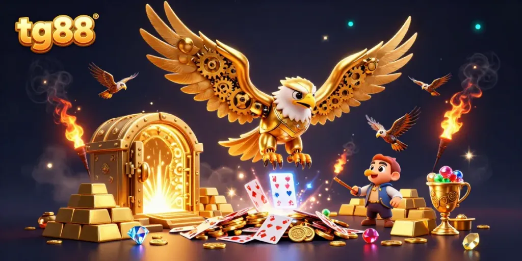 Experience excitement at tg88 with a golden eagle soaring amidst dazzling casino riches and holographic cards.