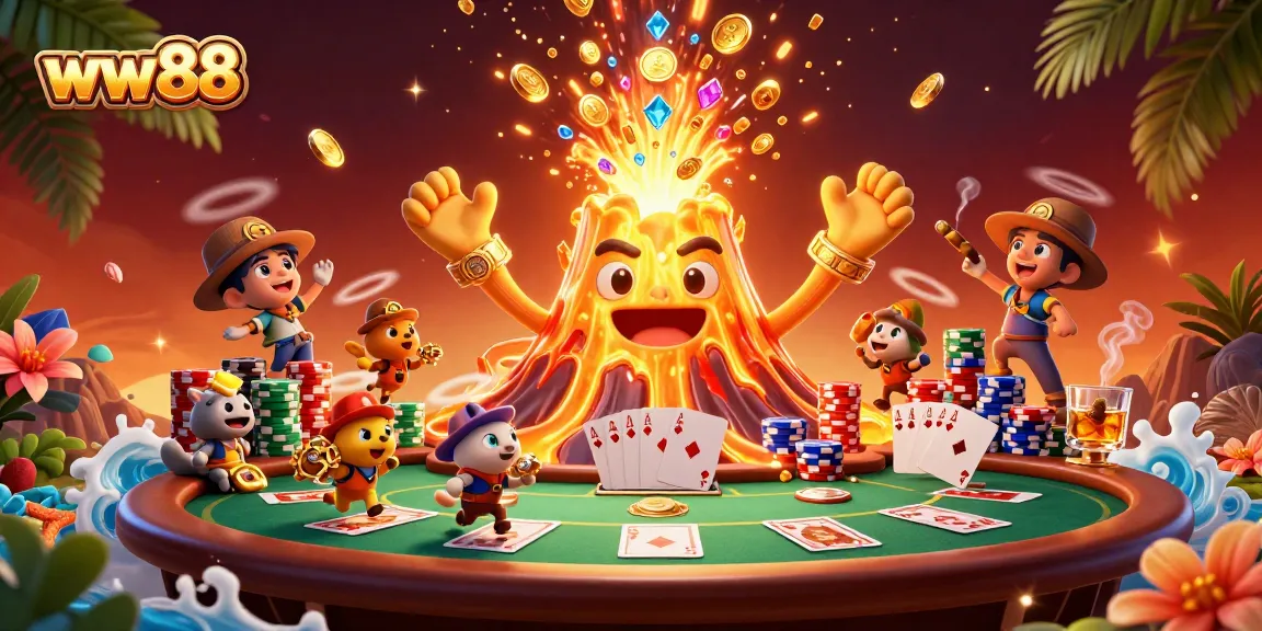 Win big at ww88 with a 3D scene of a golden volcano erupting treasure at a vibrant casino setting.