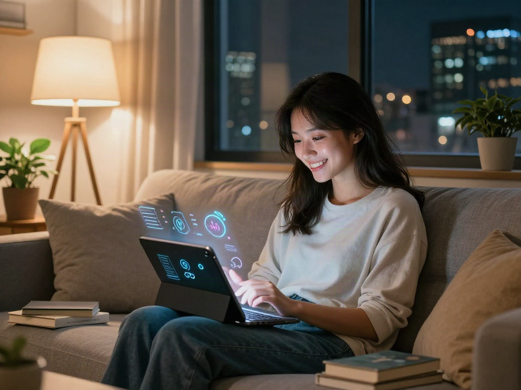 A young person connecting with an AI girlfriend on a tablet in a cozy apartment.
