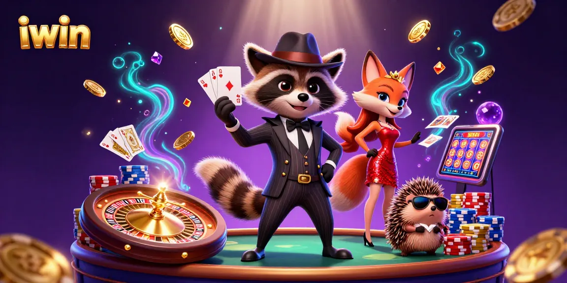 Experience the excitement at iwin with a raccoon and fox enjoying a royal flush in vibrant 3D.