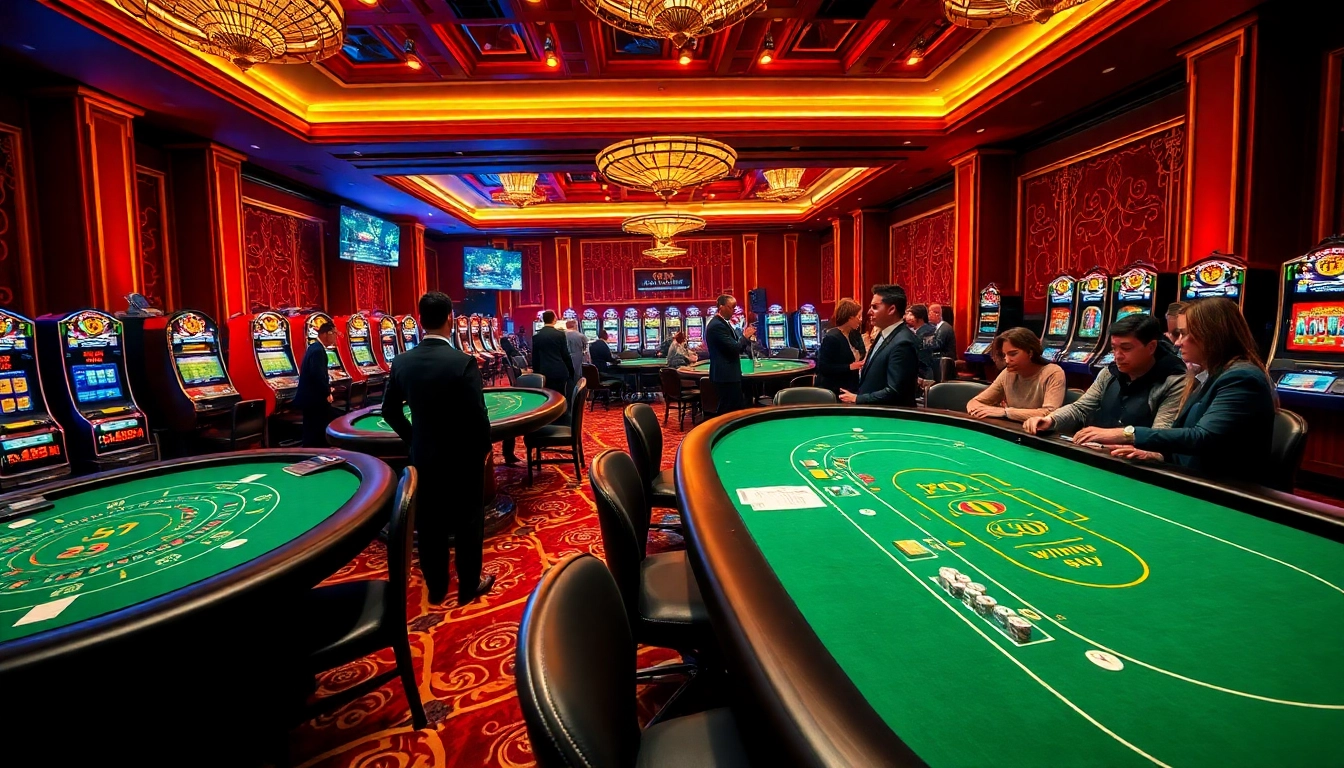 Players enjoying games at a luxury casino setting, with https://winvn.wiki featured in an online betting interface.