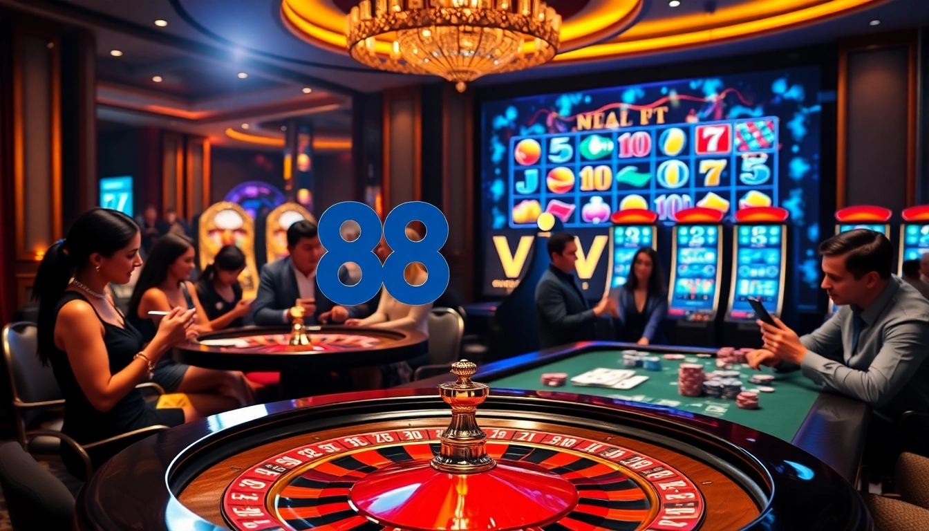 An engaging 888 vi online casino experience with players at a vibrant roulette table and illuminated slot machines.
