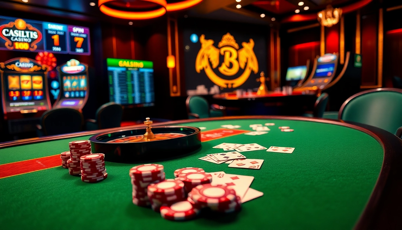 Engage in the excitement of online gambling with link tải sunwin, featuring a vibrant casino scene and game elements.