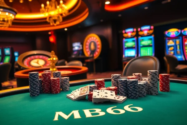 Place your bets at the MB66 poker table with vibrant chips and cards in a luxurious casino setting.