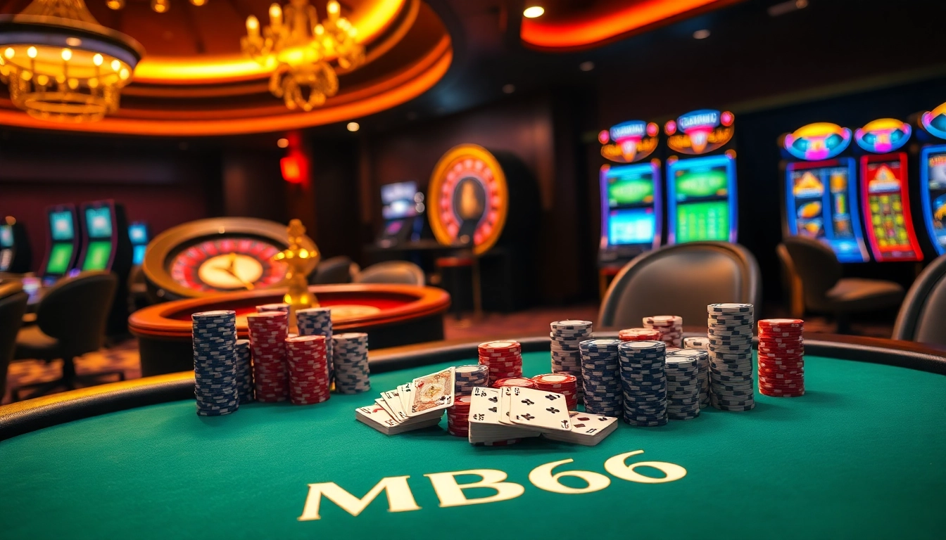Place your bets at the MB66 poker table with vibrant chips and cards in a luxurious casino setting.