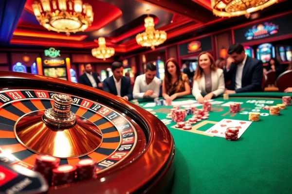Experience thrilling gambling at MB66, a vibrant casino scene with roulette and poker chips.