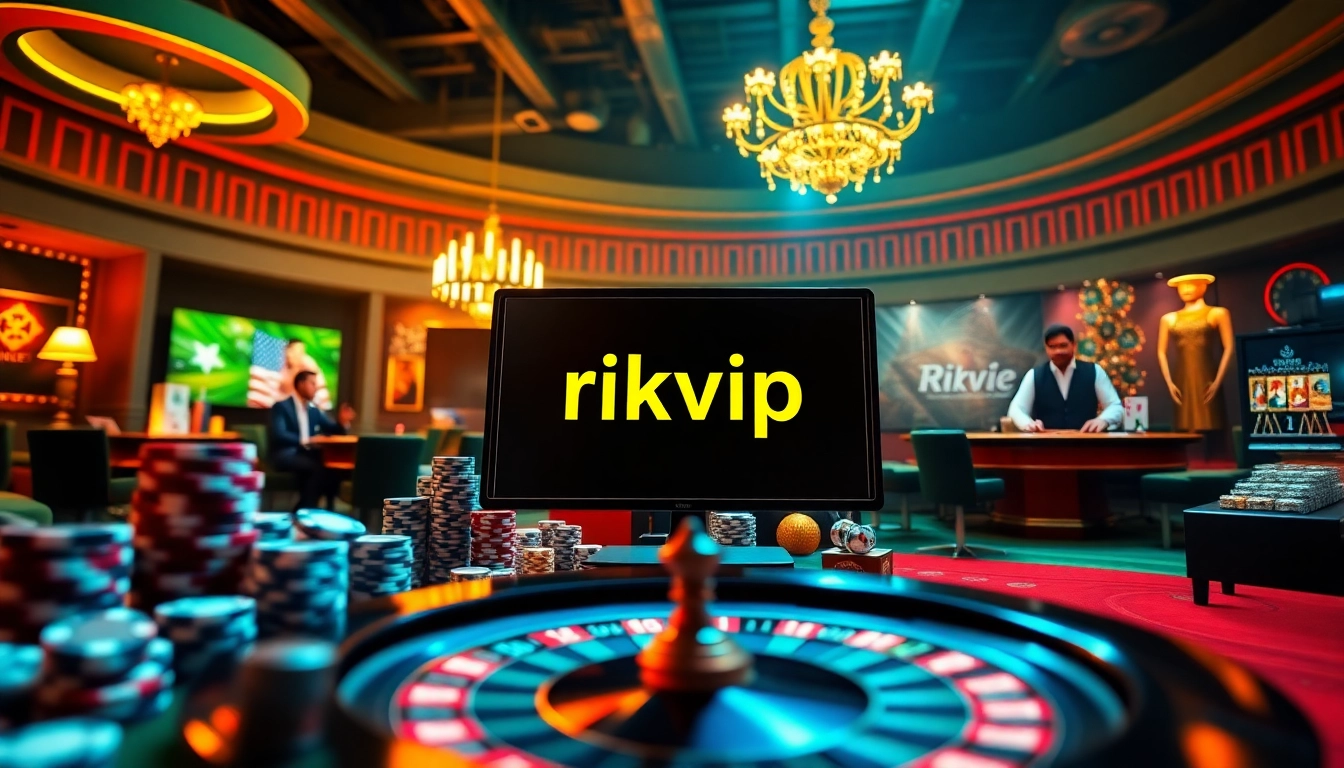 Exciting online gambling scene featuring rikvip, showcasing poker chips and a digital roulette wheel.