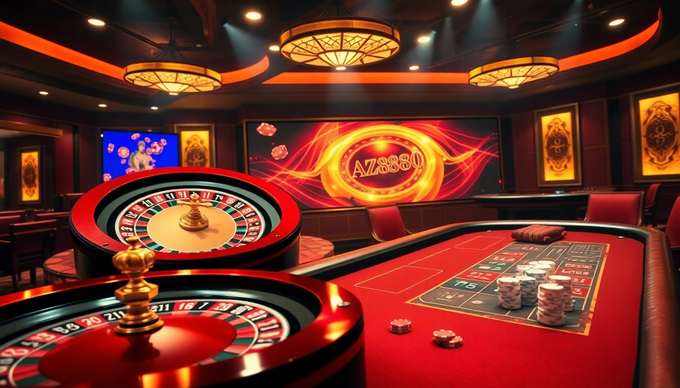 Captivating online casino scene showcasing AZ888 gambling interface with roulette wheels and vibrant chips.