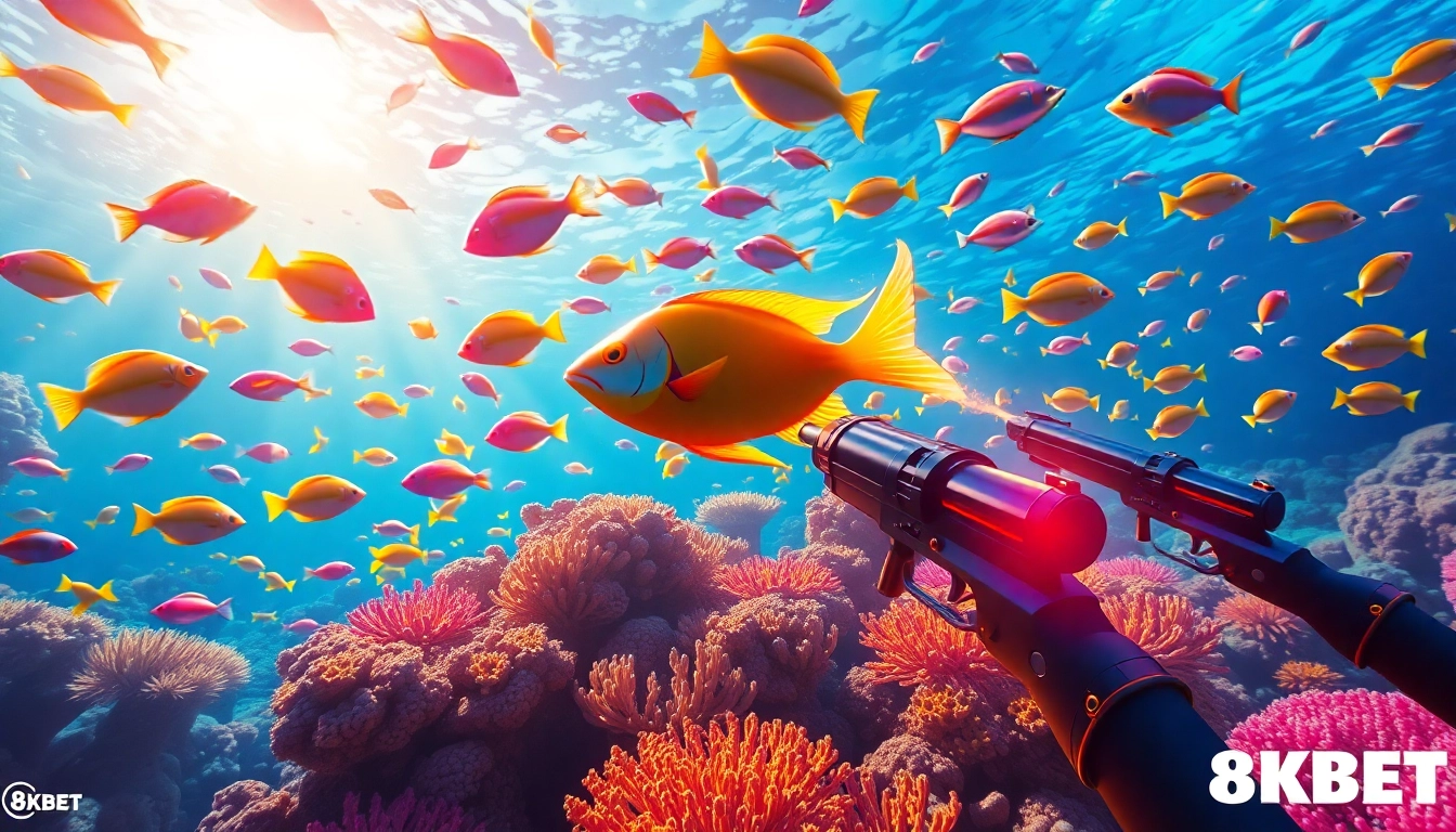 Bắn cá 8KBET action featuring players in a dynamic underwater casino shooting at colorful fish.