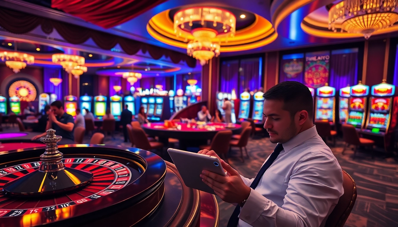 Experience the excitement of playing the rr99 game at a luxurious casino, with vibrant slot machines and poker tables.