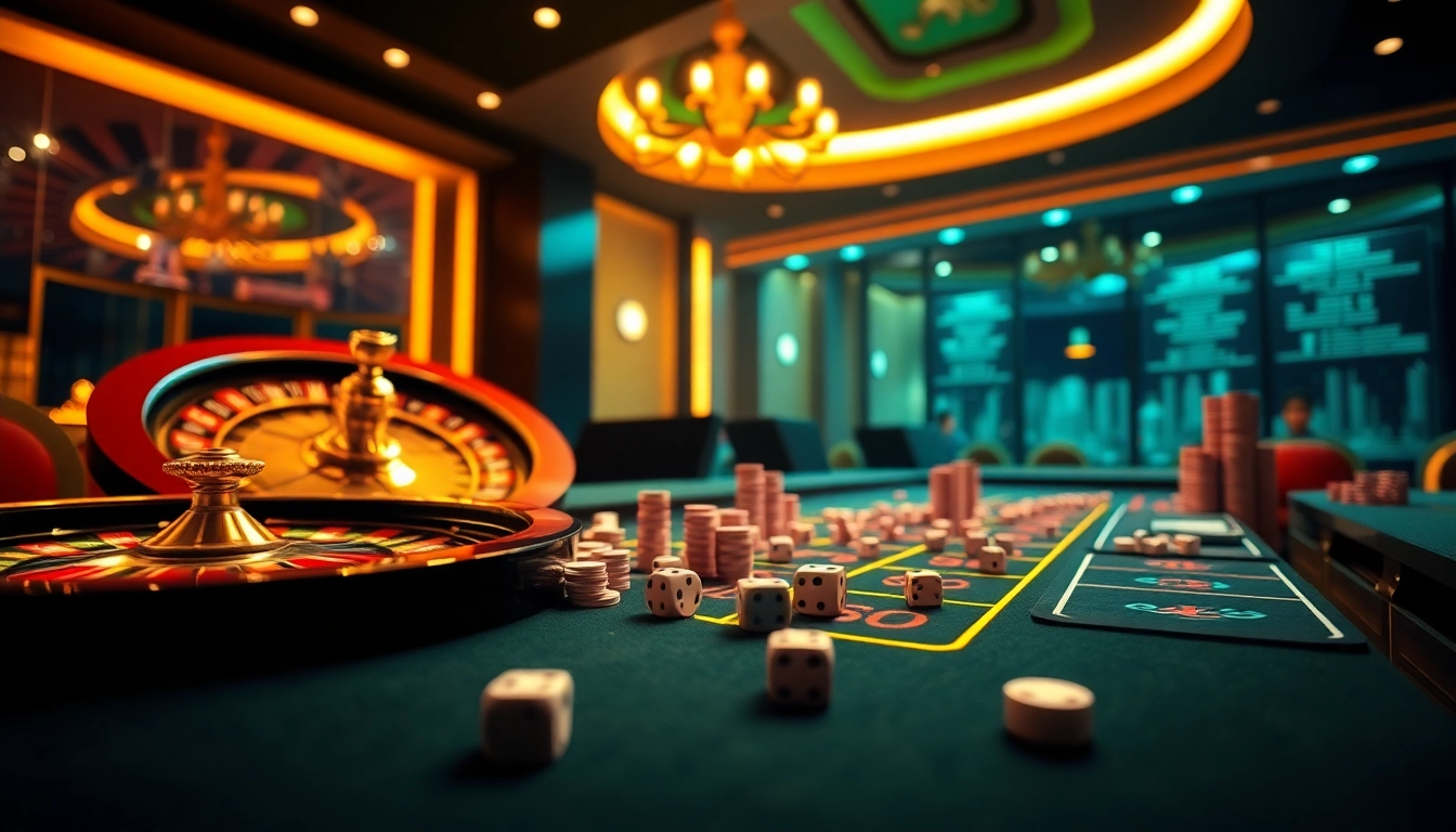 Tài Xỉu MD5 gaming interface with poker chips and dice on a vibrant casino table