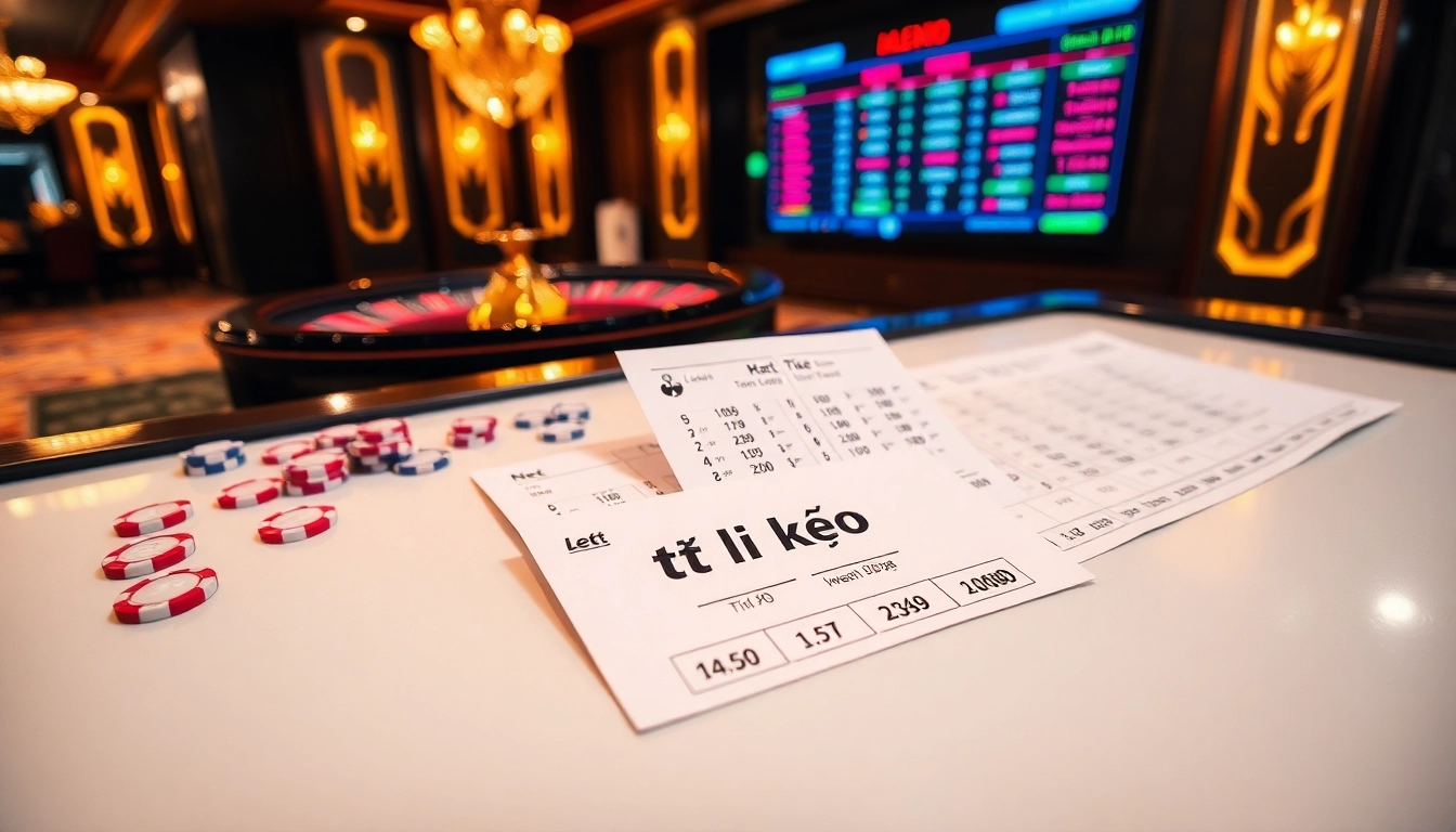Engage with tỷ lệ kèo at a glamorous casino betting table showcasing vibrant betting slips and live odds.