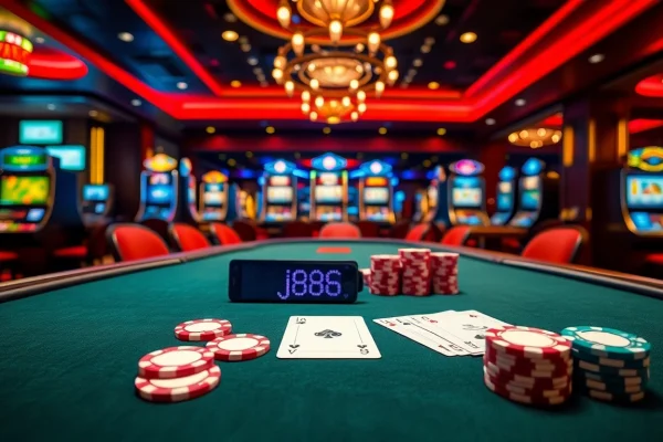 Players enjoy thrilling games at a casino with j88 poker chips and tables in a vibrant setting.