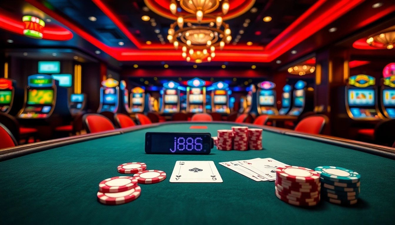 Players enjoy thrilling games at a casino with j88 poker chips and tables in a vibrant setting.