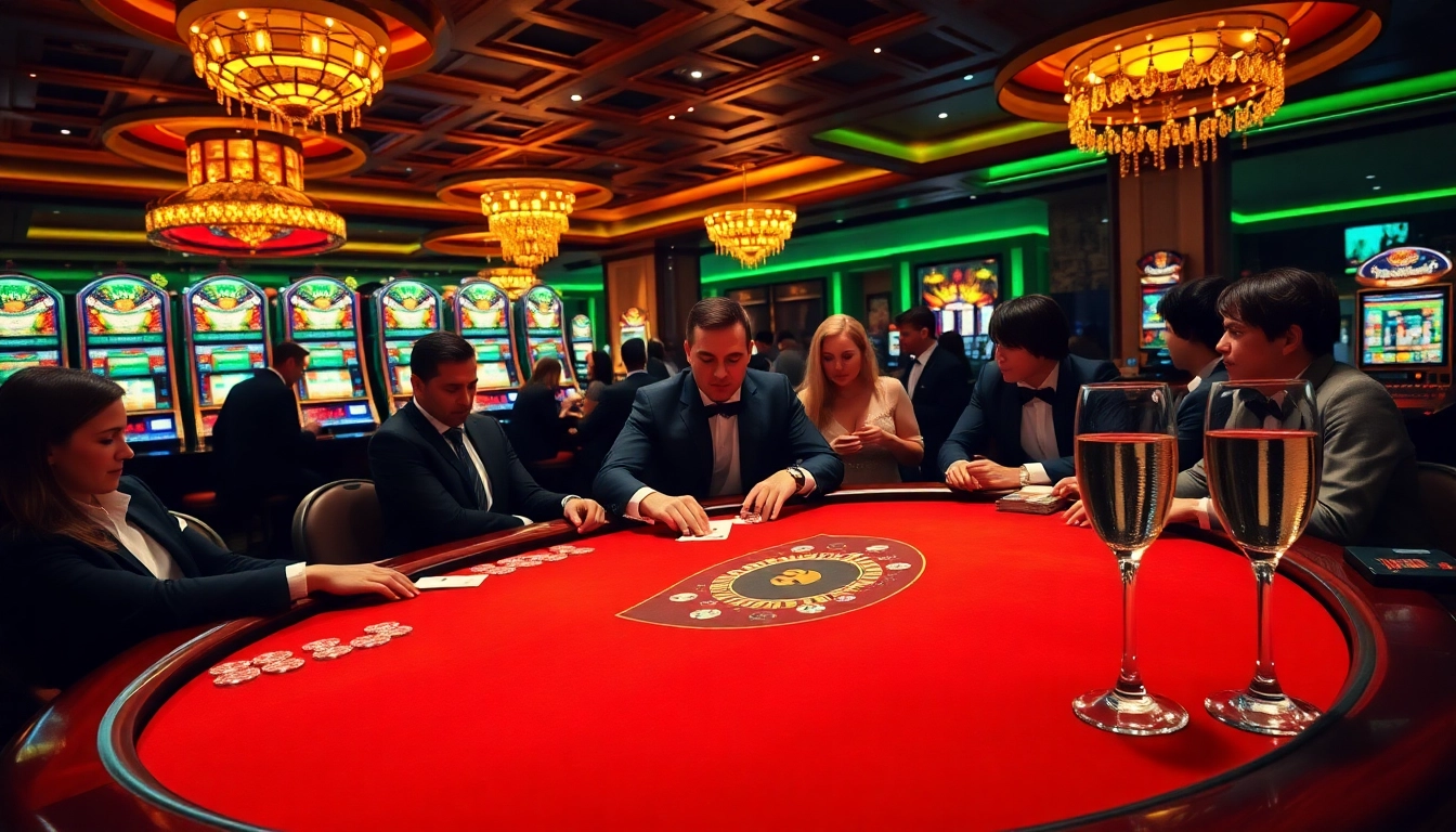 789club casino scene with players engaging in high-stakes poker and flashing slot machines.