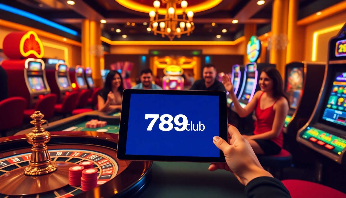 Excited players engage with the 789club gaming interface amid luxurious casino vibes.
