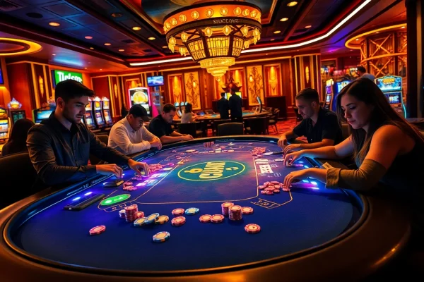 Players celebrating wins at the LUCK8 themed casino table with vibrant chips and cards.
