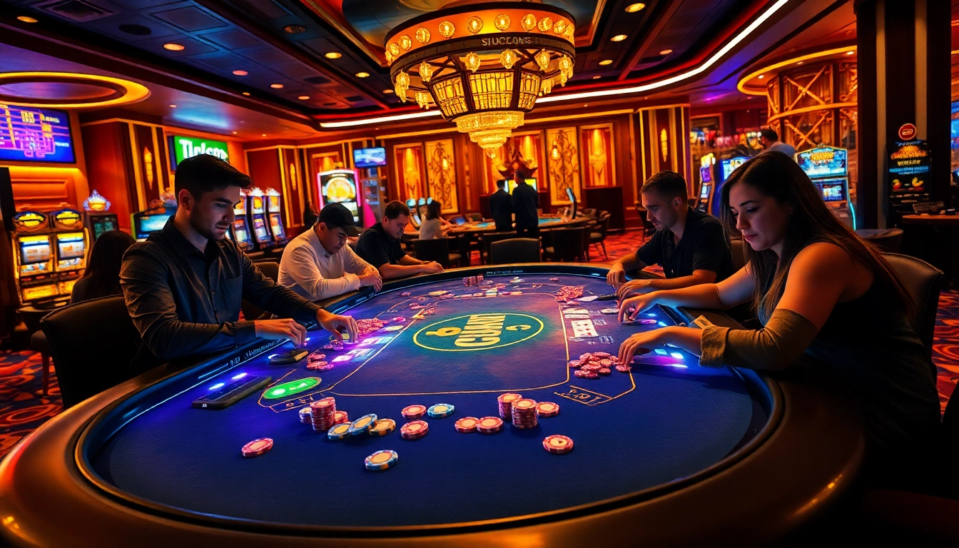 Players celebrating wins at the LUCK8 themed casino table with vibrant chips and cards.