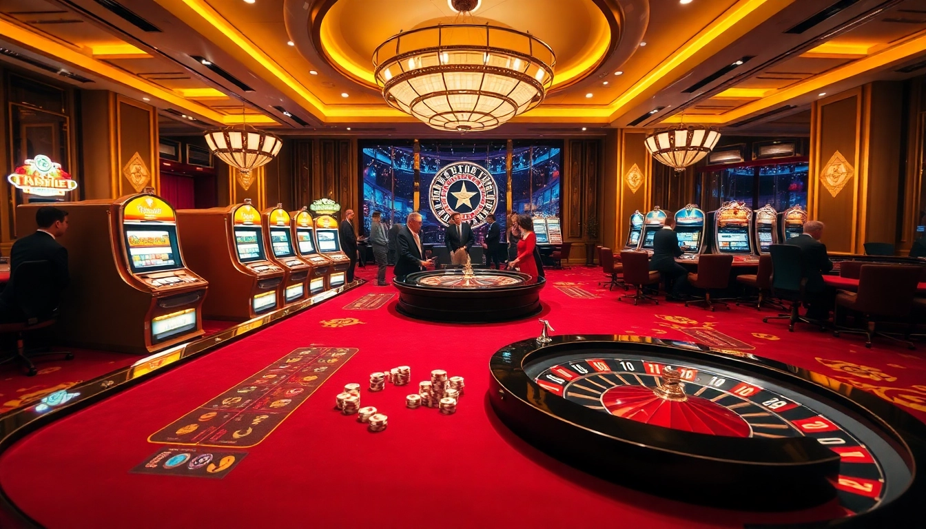 S666 casino players engaging in exciting poker and slot games in a luxurious atmosphere.