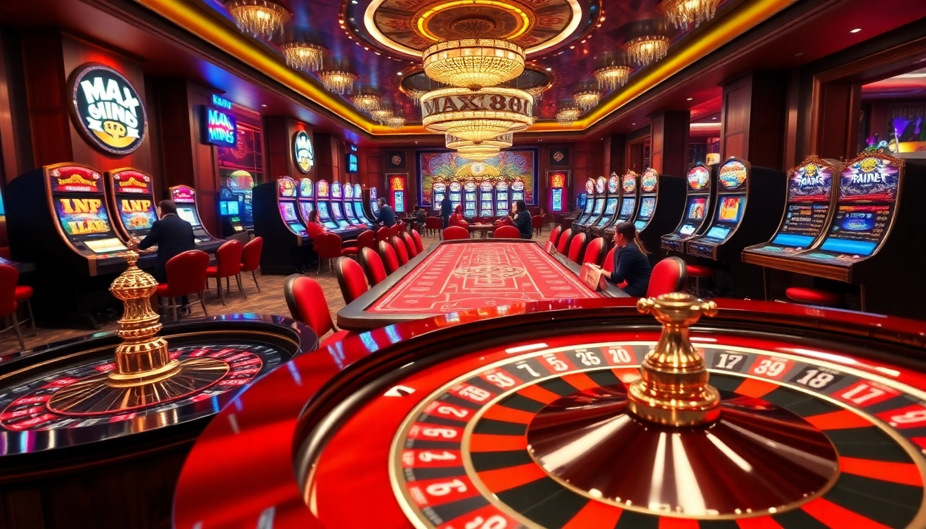 Exciting max88 casino scene featuring roulette, card games, and slot machines in a luxurious atmosphere.