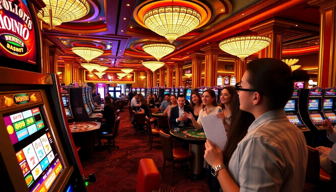 A player enjoying the exhilarating experience at NOHU90 slot machines amid a luxurious casino atmosphere.
