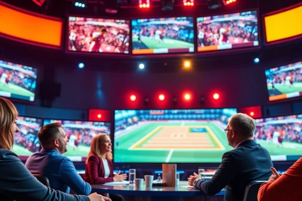 Engaging hosts discussing Sports Broadcasting in a vibrant studio setting.