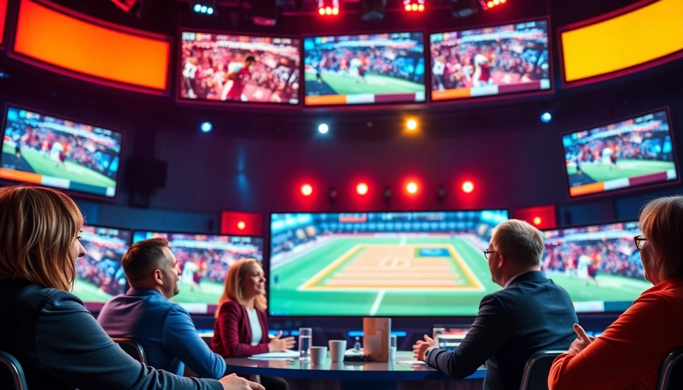 Engaging hosts discussing Sports Broadcasting in a vibrant studio setting.