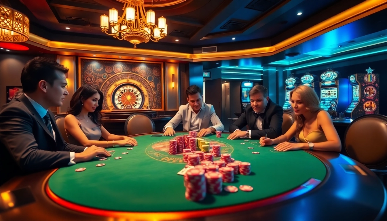 Players strategizing in a glamorous poker game at Go 88, surrounded by vibrant casino elements.