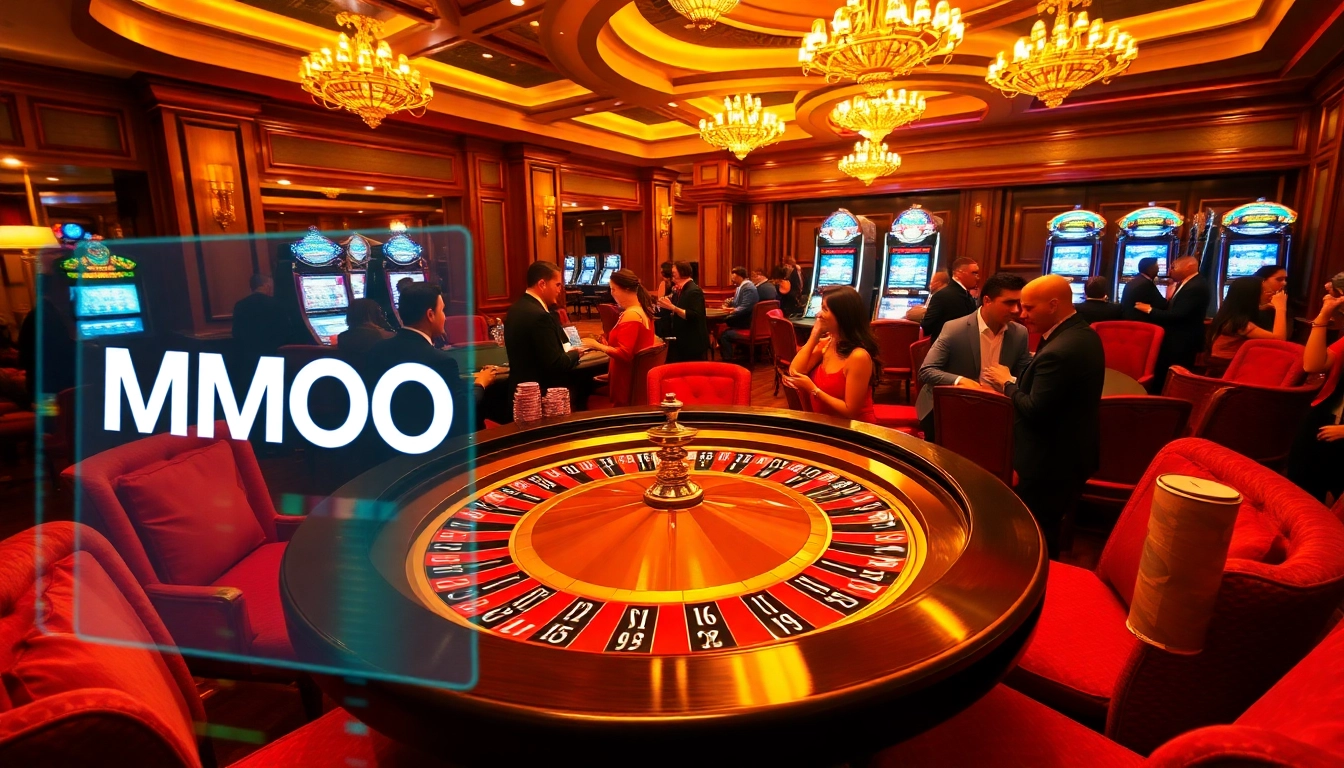 Experience luxury gaming at MMOO's vibrant casino with thrilling roulette and excited players.