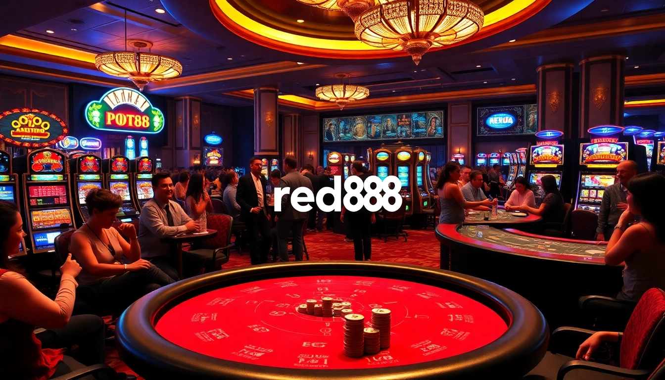 Experience the thrill of Baccarat at red88 with players and vibrant slot machines.