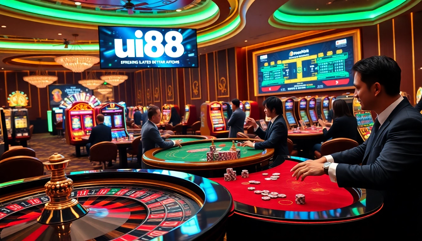 Engage with the thrilling casino action at uu88, featuring players at poker tables and vibrant slot machines.