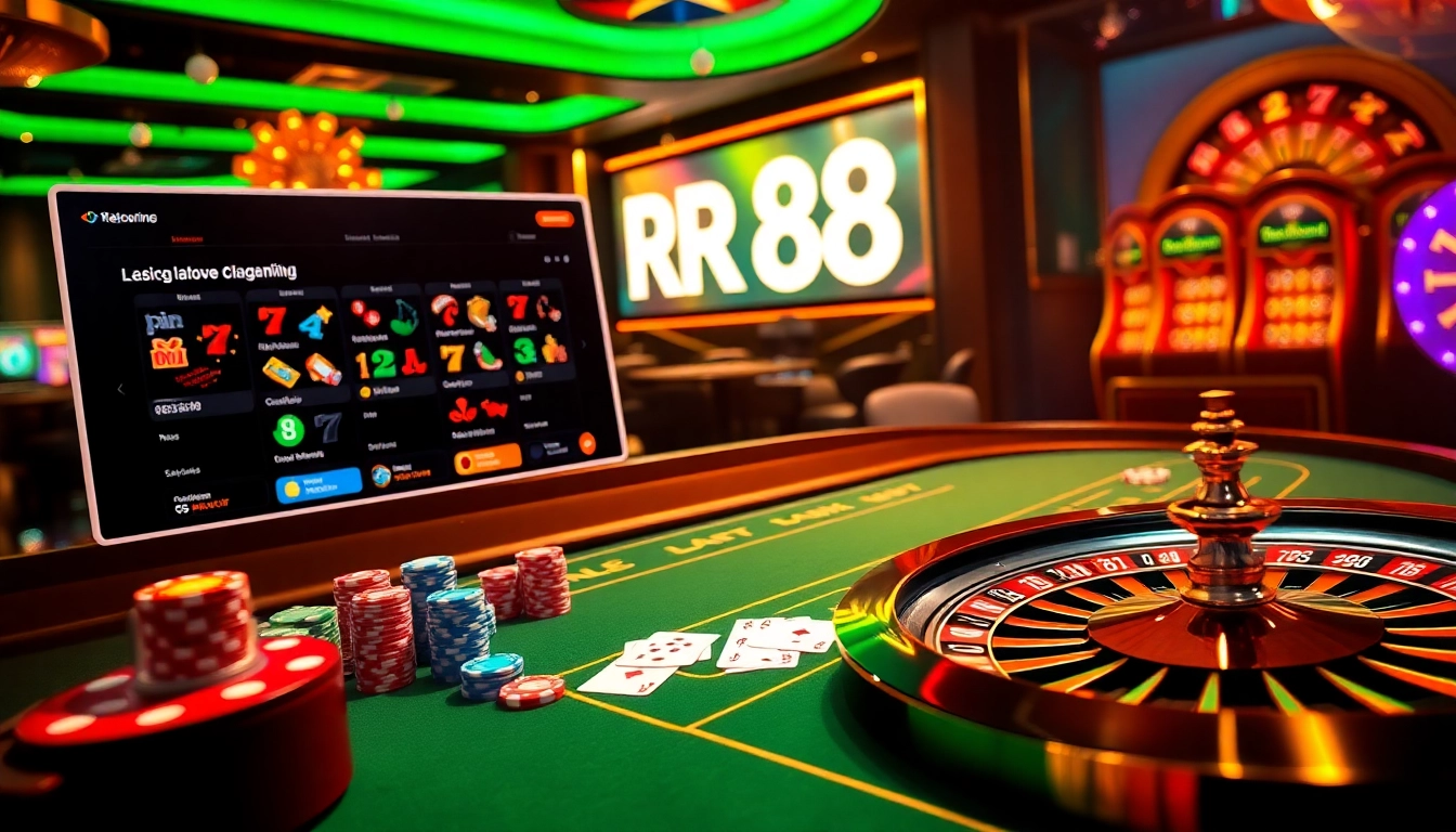 Experience thrilling casino action at RR 88 with vibrant tables and gleaming poker chips.