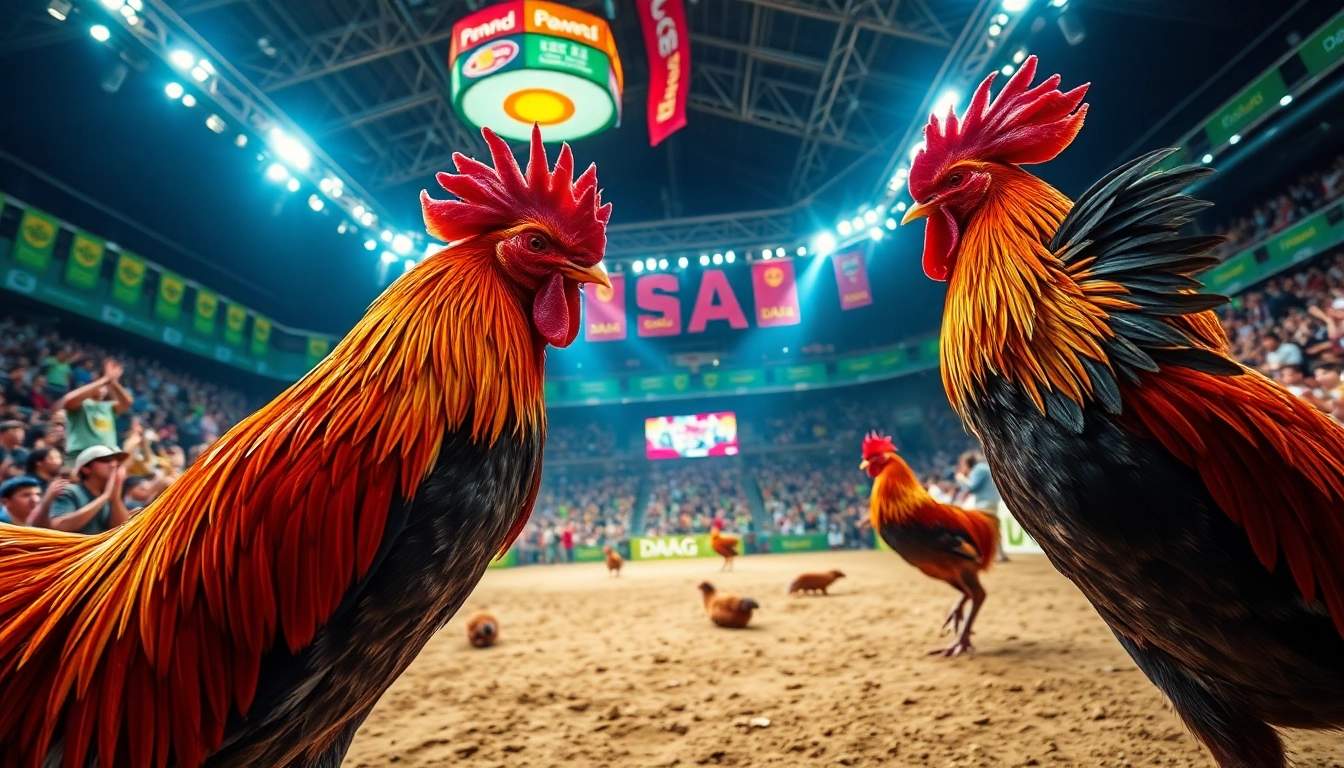 Live cockfighting excitement at dagawin.live with spectators and vibrant atmosphere.