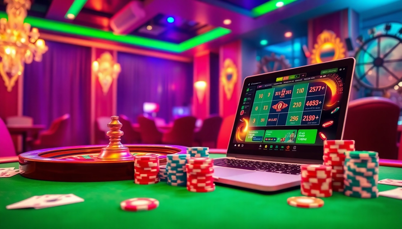 Experience high-stakes gaming at https://zk88.club/ with vibrant cards, chips, and roulette wheel.