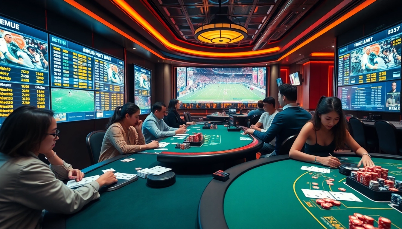 Cược thể thao action with enthusiastic bettors at elegant casino tables and digital betting displays.