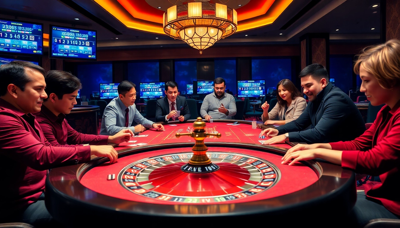 Players enjoying 68 Game Bài at a vibrant casino table, showcasing cards and chips.