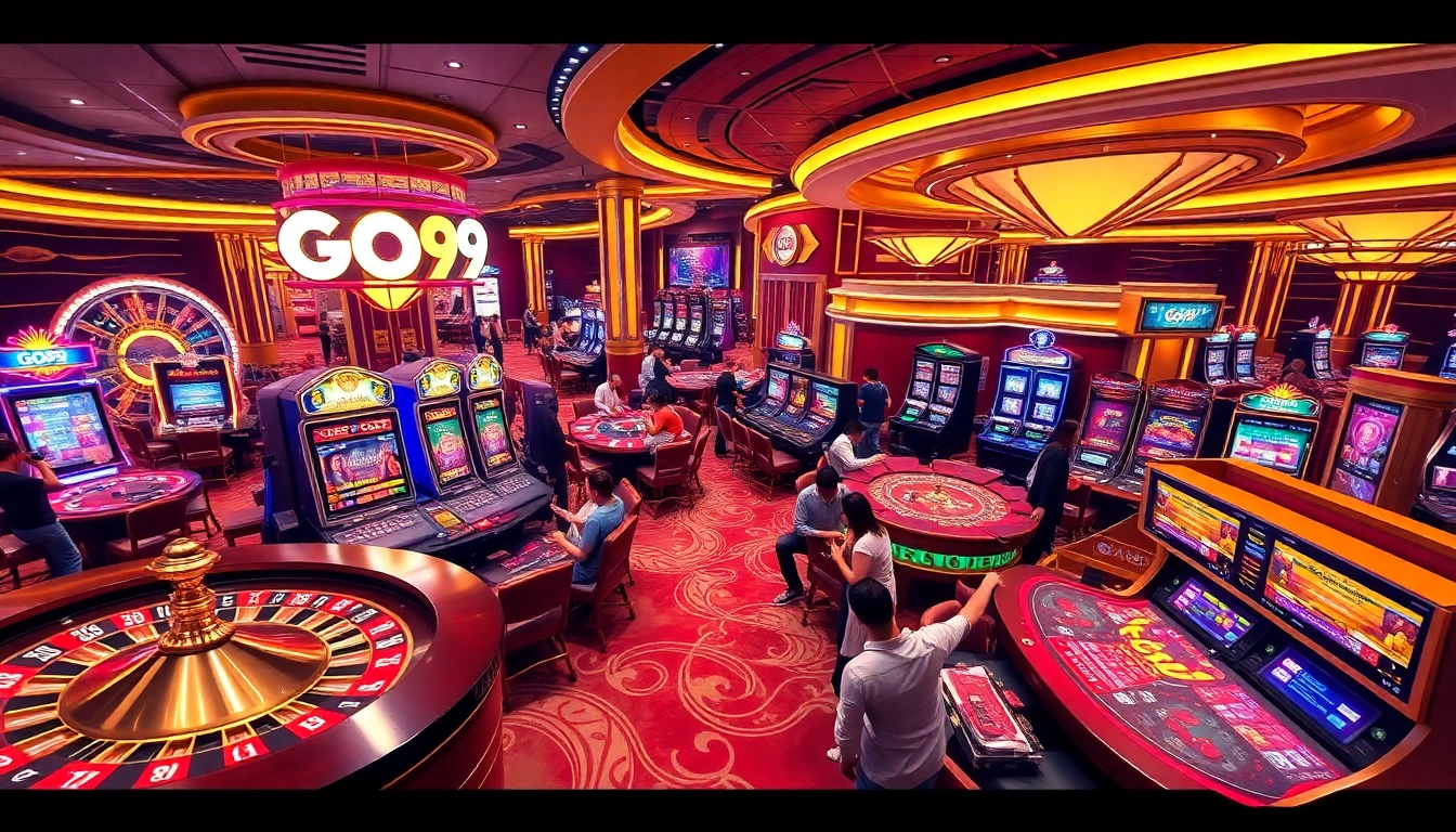 Players enjoying high-stakes games on the GO99 casino floor, highlighting excitement and luxury.
