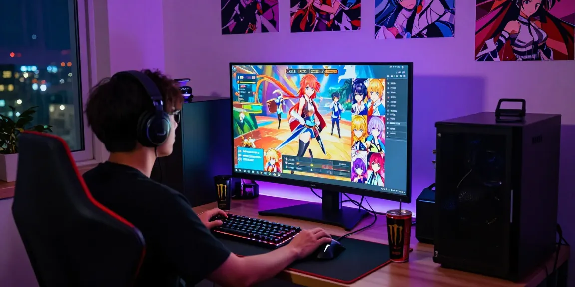 Gamer immersed in HTML-based hentai games on a large screen, vibrant colors and anime aesthetics create an engaging ambiance.